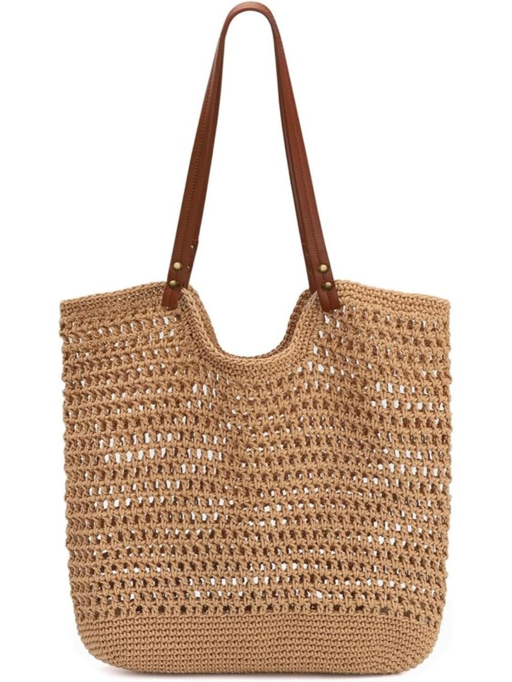 Women's Brown Mesh Tote Bag Crochet Knitting Beach for Summer Vacation Bags